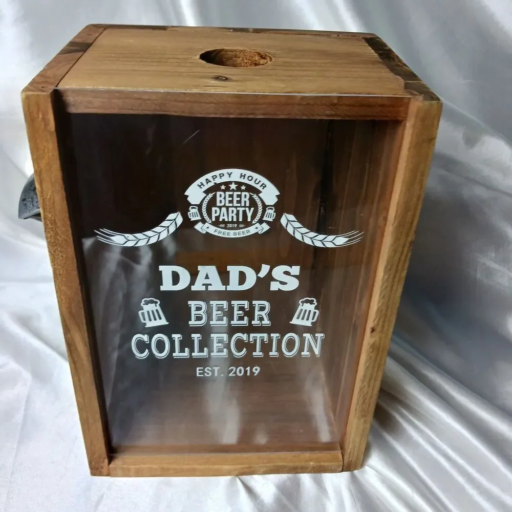 DAD'S BEER COLLECTION BANK OR TOPS COLLECTOR W/ SIDE BOTTLE OPENER DATED 2019